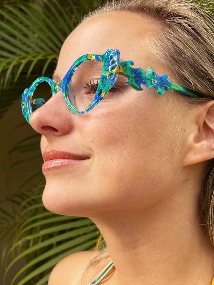 Close-up of sculptural ocean-inspired frames